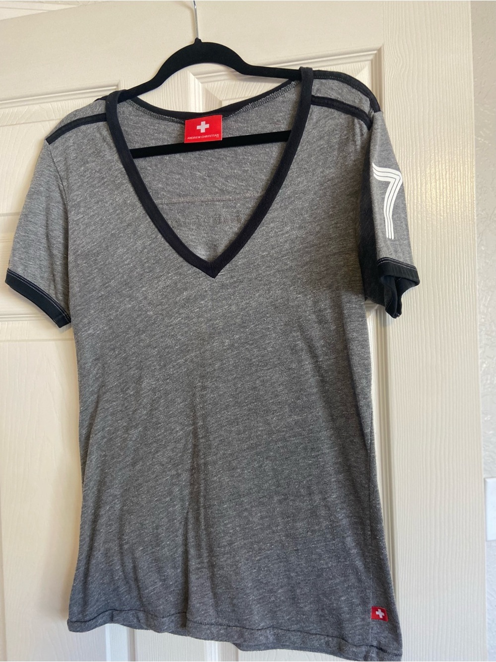 Andrew Christian Heather Gray V-Neck Short Sleeve Tee with Dark Trim